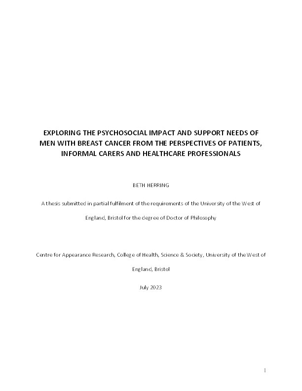 Exploring the psychosocial impact and support needs of men with breast cancer from the perspectives of patients, informal carers and healthcare professionals Thumbnail