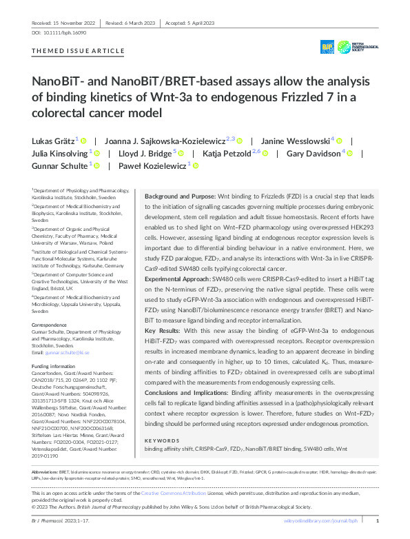 NanoBiT‐ and NanoBiT/BRET‐based assays allow the analysis of binding kinetics of Wnt‐3a to endogenous            Frizzled 7            in a colorectal cancer model Thumbnail