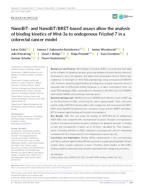 NanoBiT‐ and NanoBiT/BRET‐based assays allow the analysis of binding kinetics of Wnt‐3a to endogenous            Frizzled 7            in a colorectal cancer model Thumbnail