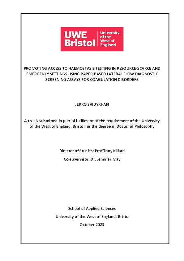 Promoting access to haemostasis testing in resource-scarce and emergency settings using paper-based lateral flow diagnostic screening assays for coagulation disorders Thumbnail