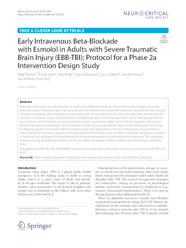 Early intravenous beta-blockade with esmolol in adults with severe traumatic brain injury (EBB-TBI): Protocol for a phase 2a intervention design study Thumbnail