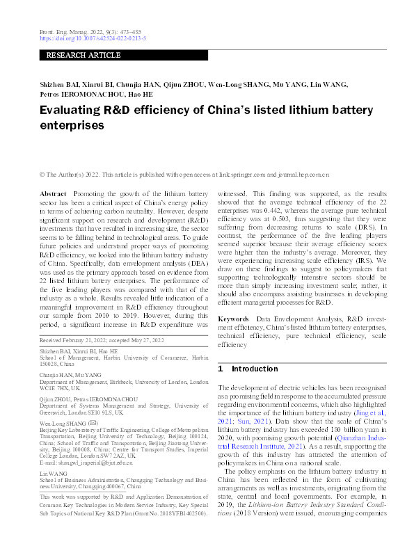 Evaluating R&D efficiency of China’s listed lithium battery enterprises Thumbnail
