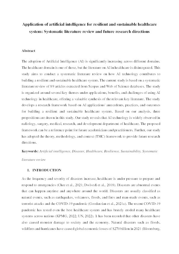 Application of artificial intelligence for resilient and sustainable healthcare system: Systematic literature review and future research directions Thumbnail