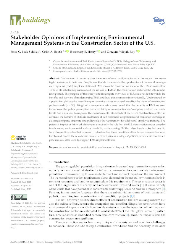 Stakeholder opinions of implementing environmental management systems in the construction sector of the U.S Thumbnail