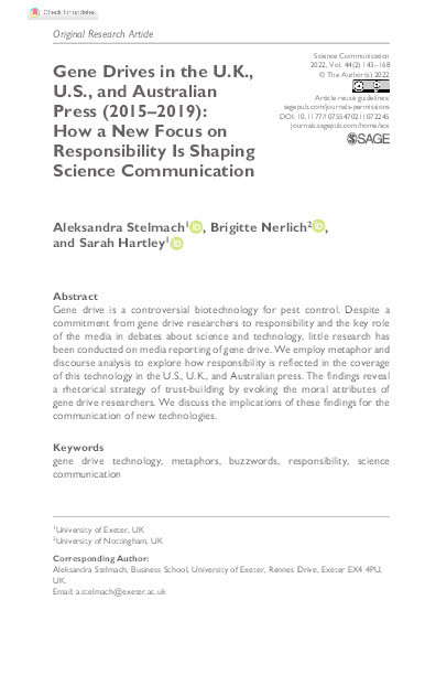 GGene drives in the U.K., U.S., and Australian press (2015–2019): How a new focus on responsibility is shaping science communication Thumbnail