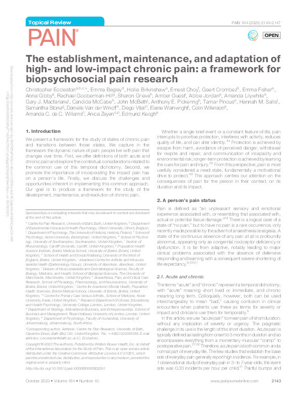 The establishment, maintenance, and adaptation of high and low impact chronic pain: A framework for biopsychosocial pain research Thumbnail