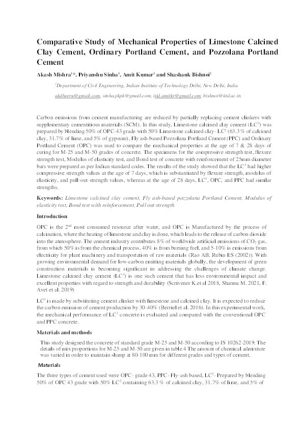 Comparative study of mechanical properties of limestone calcined clay cement, ordinary Portland cement, and pozzolana Portland cement Thumbnail