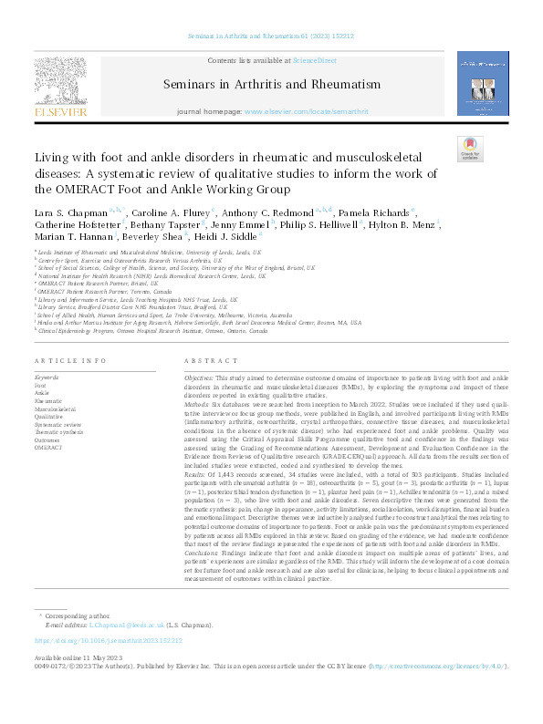 Living with foot and ankle disorders in rheumatic and musculoskeletal diseases: A systematic review of qualitative studies to inform the work of the OMERACT foot and ankle working group Thumbnail