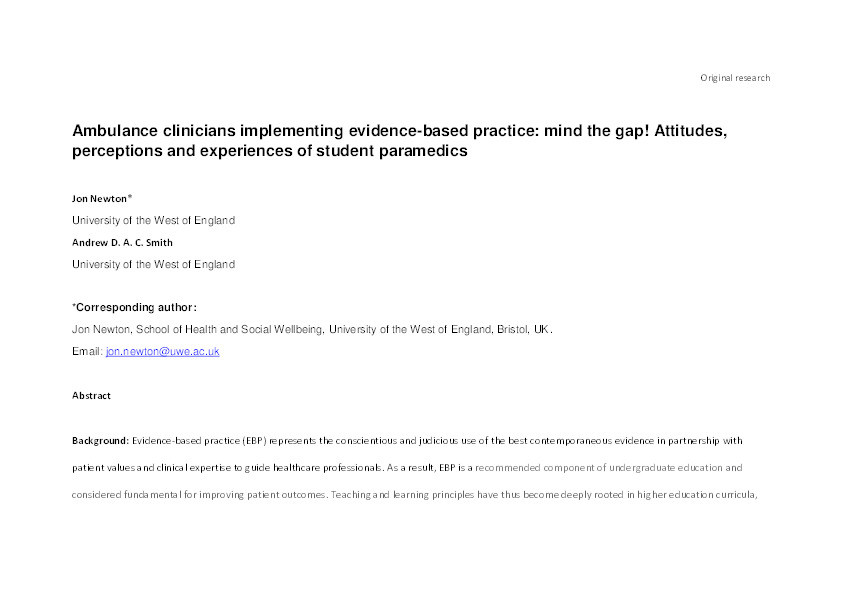 Ambulance clinicians implementing evidence-based practice: Mind the gap! Attitudes, perceptions and experiences of student paramedics Thumbnail