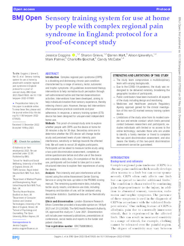 Sensory training system for use at home by people with complex regional pain syndrome in England: Protocol for a proof-of-concept study Thumbnail