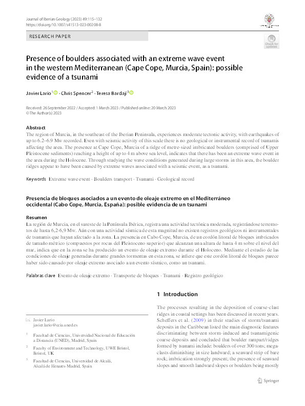 Presence of boulders associated with an extreme wave event in the western Mediterranean (Cape Cope, Murcia, Spain): Possible evidence of a tsunami Thumbnail