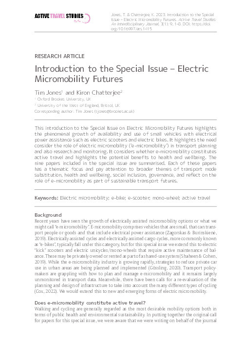 Introduction to the special issue - Electric micromobility futures Thumbnail