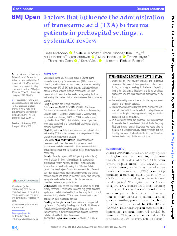 Factors that influence the administration of tranexamic acid (TXA) to trauma patients in prehospital settings: A systematic review Thumbnail