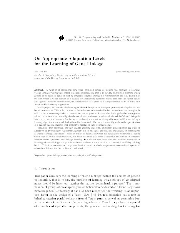 On appropriate adaptation levels for the learning of gene linkage Thumbnail