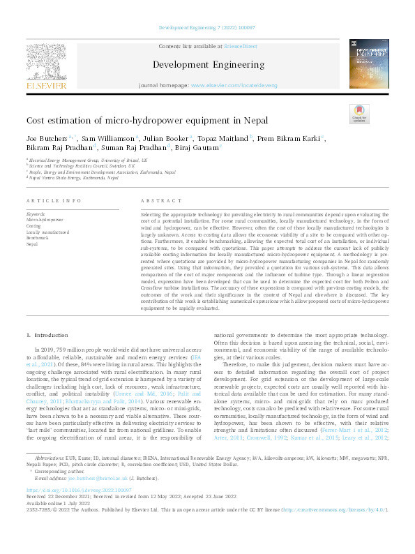 Cost estimation of micro-hydropower equipment in Nepal Thumbnail