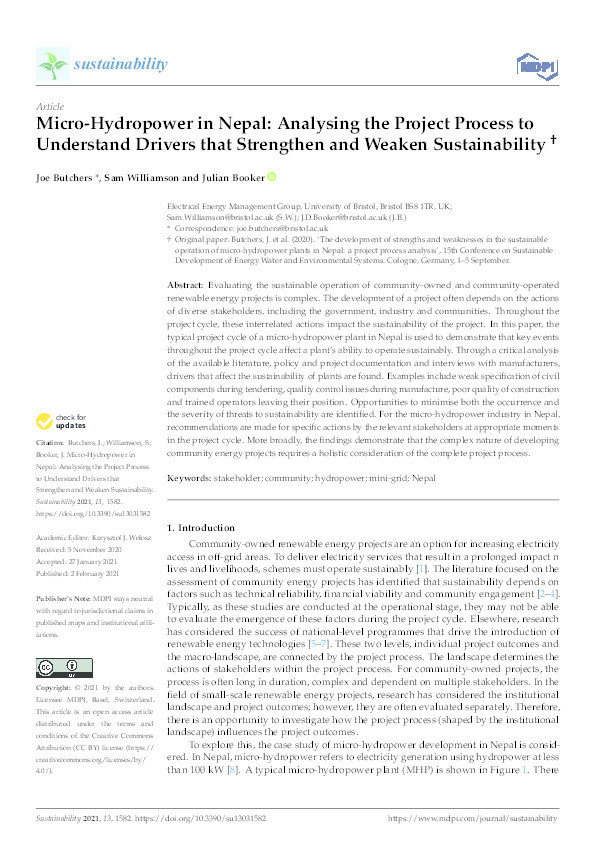 Micro-hydropower in Nepal: Analysing the project process to understand drivers that strengthen and weaken sustainability Thumbnail