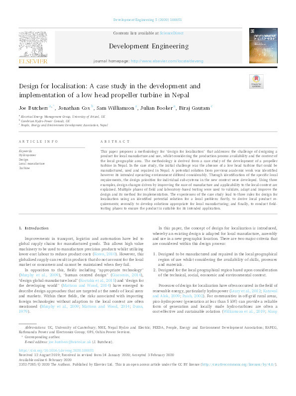 Design for localisation: A case study in the development and implementation of a low head propeller turbine in Nepal Thumbnail