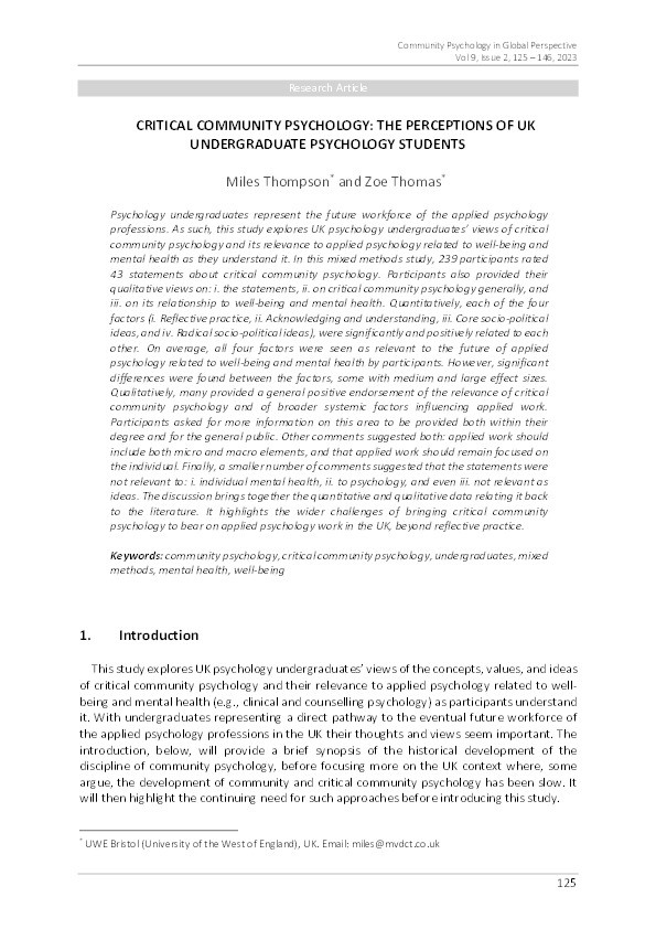 Critical community psychology: The perceptions of UK undergraduate psychology students Thumbnail