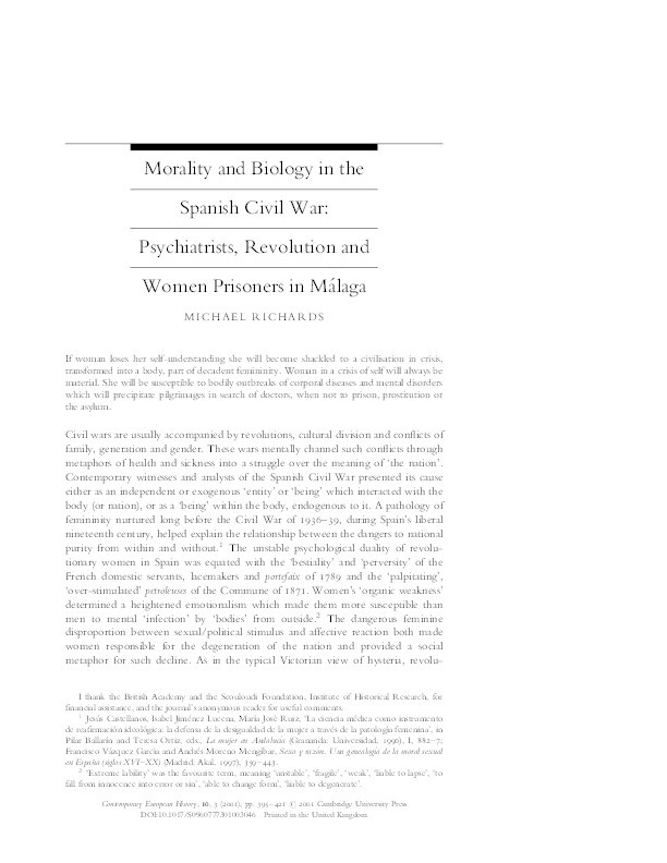 Morality and biology in the Spanish Civil War: Psychiatrists, revolution and women prisoners in Málaga Thumbnail