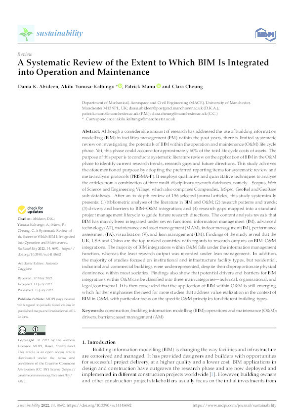 A systematic review of the extent to which BIM Is integrated into operation and maintenance Thumbnail