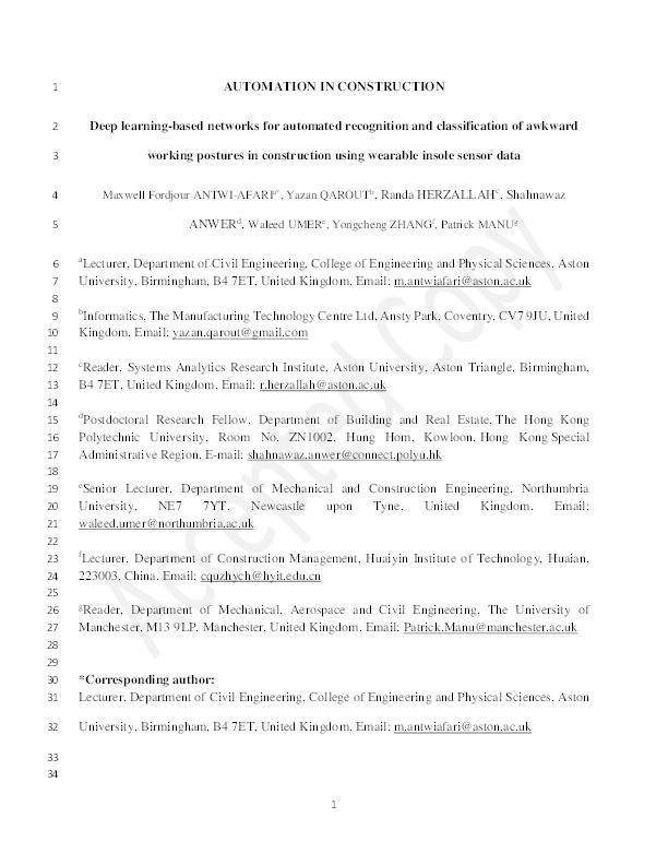 Deep learning-based networks for automated recognition and classification of awkward working postures in construction using wearable insole sensor data Thumbnail