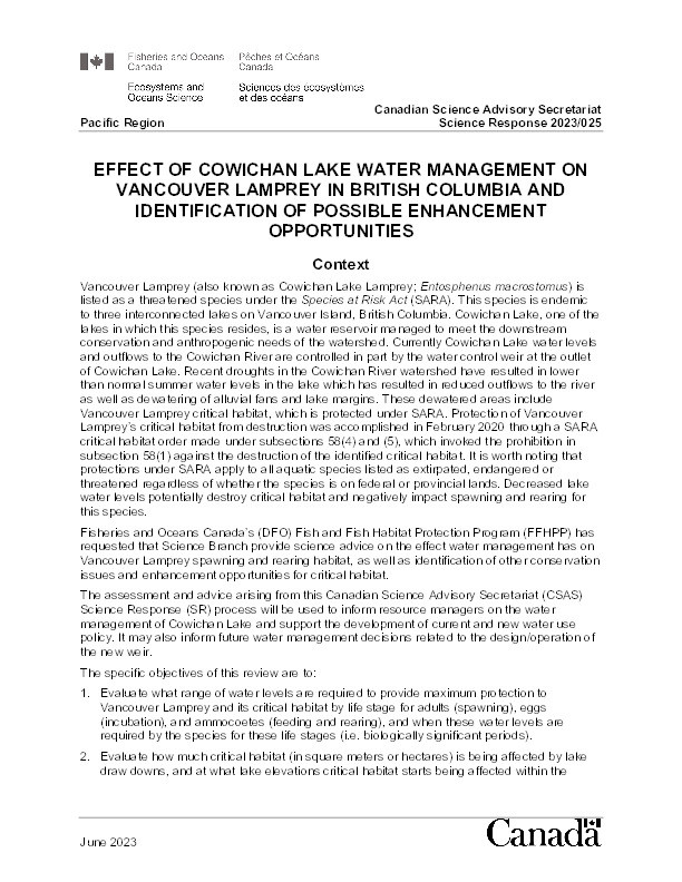 Effects of Cowichan Lake water management on Vancouver Lamprey in British Columbia and identification of possible enhancement opportunities Thumbnail