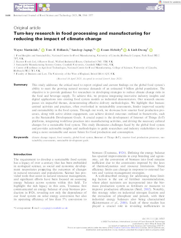 Turn-key research in food processing and manufacturing for reducing the impact of climate change Thumbnail