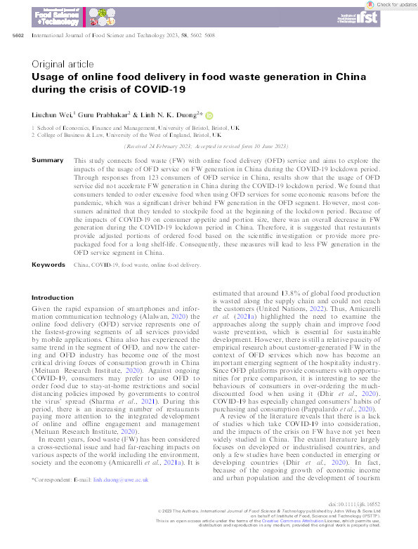 Usage of online food delivery in food waste generation in China during the crisis of COVID-19 Thumbnail