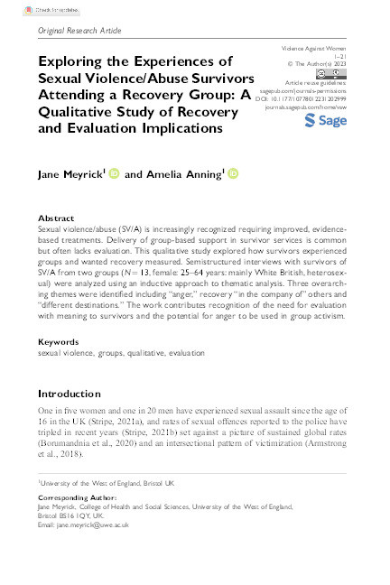 Exploring the experiences of sexual violence/abuse survivors attending a recovery group: A qualitative study of recovery and evaluation implications Thumbnail