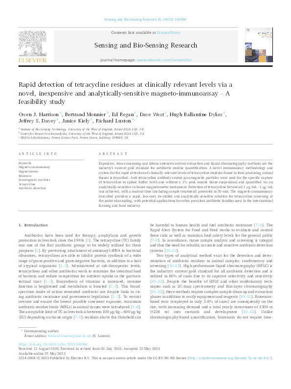 Rapid detection of tetracycline residues at clinically relevant levels via a novel, inexpensive and analytically-sensitive magneto-immunoassay – A feasibility study Thumbnail