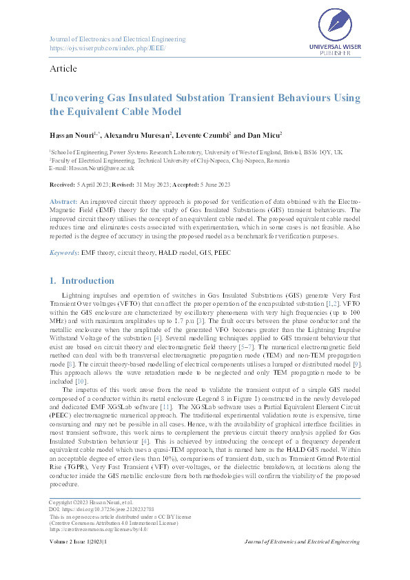 Uncovering gas insulated substation transient behaviours using the equivalent cable model Thumbnail