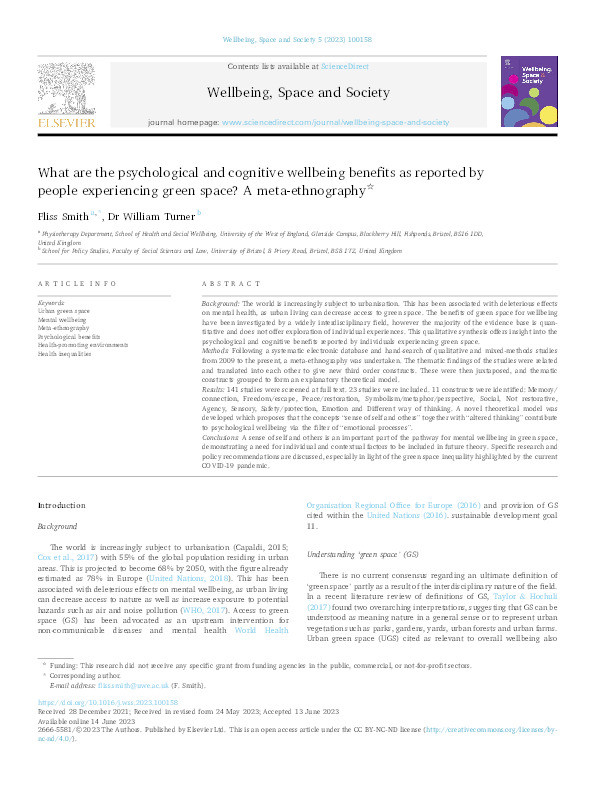 What are the psychological and cognitive wellbeing benefits as reported by people experiencing green space? A meta-ethnography Thumbnail