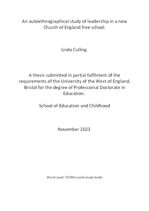 An autoethnographical study of leadership in a new Church of England free school Thumbnail