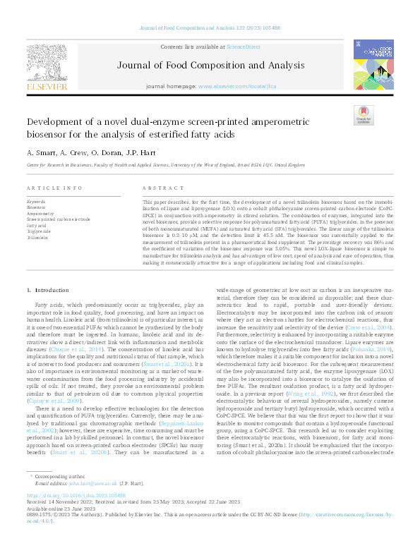 Development of a novel dual-enzyme screen-printed amperometric biosensor for the analysis of esterified fatty acids Thumbnail