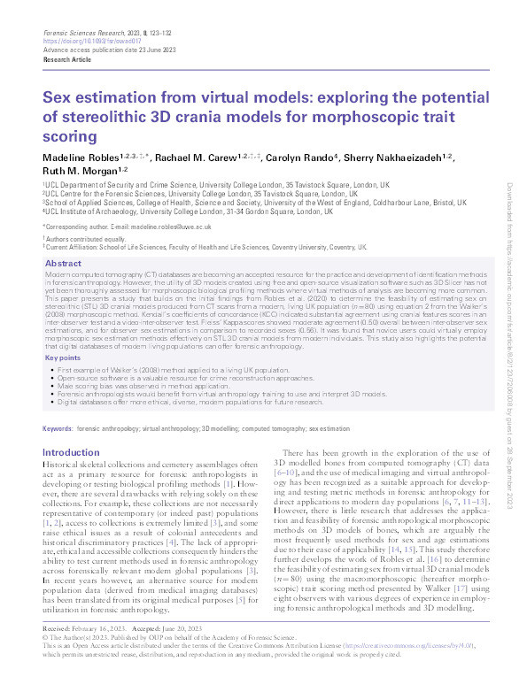 Sex estimation from virtual models: Exploring the potential of stereolithic (STL) 3D crania models for morphoscopic trait scoring Thumbnail