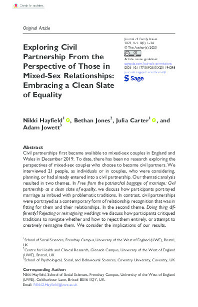 Exploring civil partnership from the perspective of those in mixed-sex relationships: Embracing a clean slate of equality Thumbnail