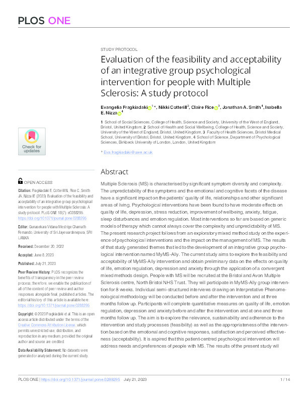 Evaluation of the feasibility and acceptability of an integrative group psychological intervention for people with Multiple Sclerosis: A study protocol Thumbnail