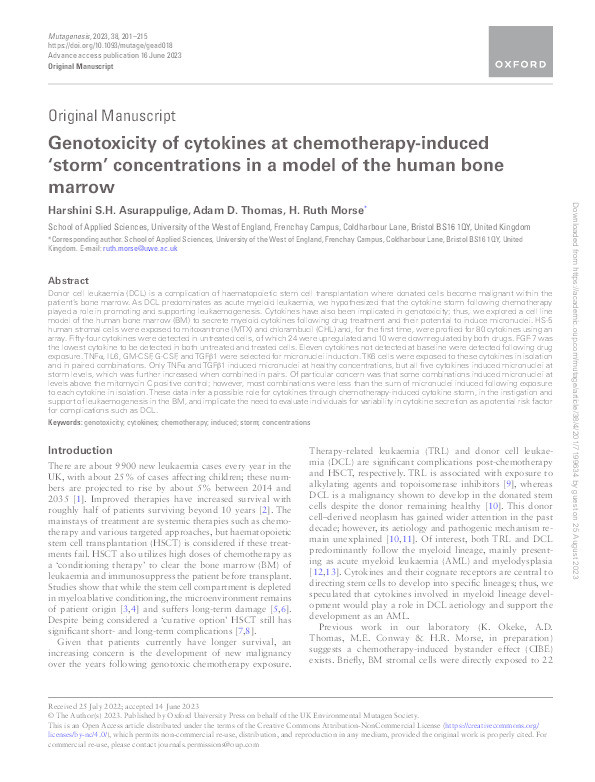 Genotoxicity of cytokines at chemotherapy-induced 'storm' concentrations in a model of the human bone marrow Thumbnail
