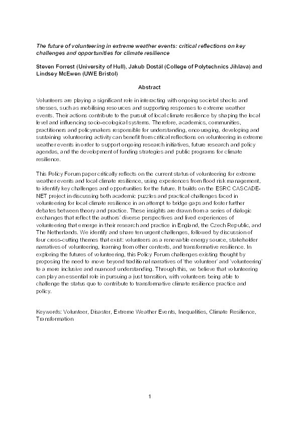 The future of volunteering in extreme weather events: Critical reflections on key challenges and opportunities for climate resilience Thumbnail