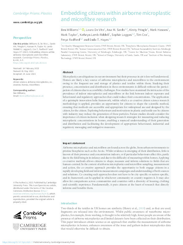 Embedding citizens within airborne microplastic and microfibre research Thumbnail