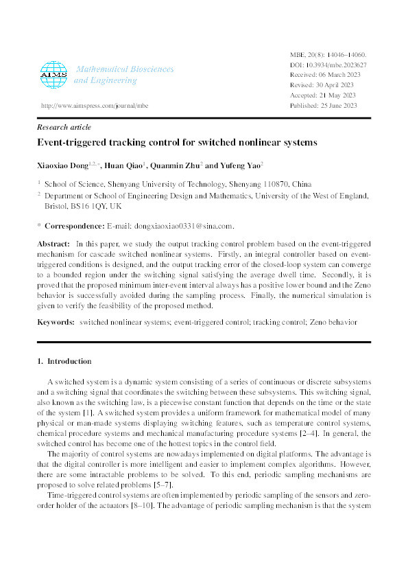 Event-triggered tracking control for switched nonlinear systems Thumbnail