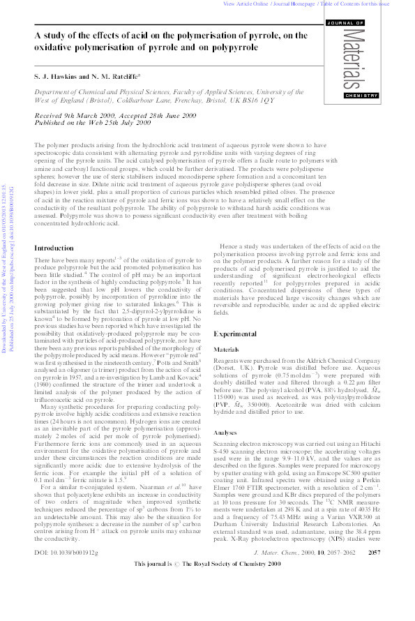 A study of the effects of acid on the polymerisation of pyrrole, on the oxidative polymerisation of pyrrole and on polypyrrole Thumbnail