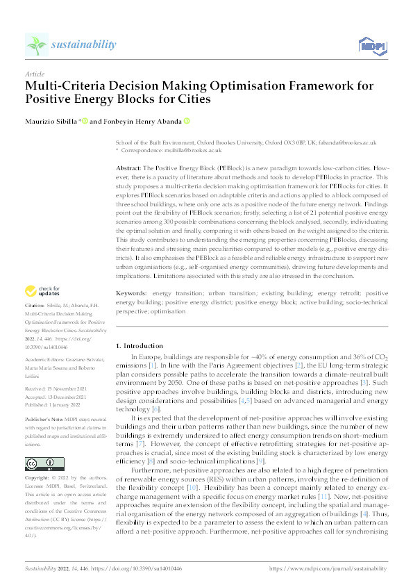 Multi-criteria decision making optimisation framework for positive energy blocks for cities Thumbnail