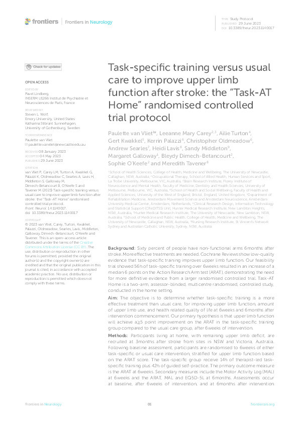 Task-specific training versus usual care to improve upper limb function after stroke: The “Task-AT Home” randomised controlled trial protocol Thumbnail