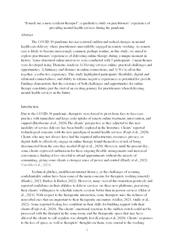 “It made me a more resilient therapist”: A qualitative study on practitioners’ experience of providing mental health services during the pandemic Thumbnail