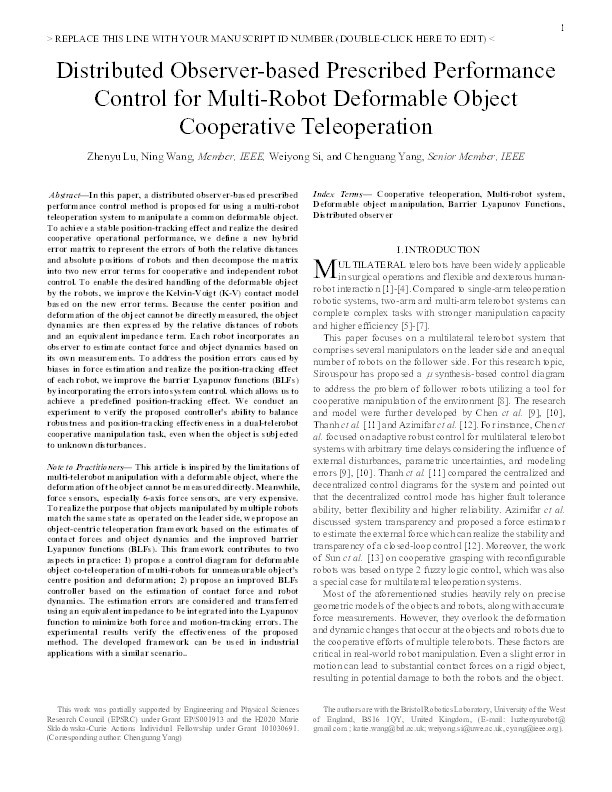 Distributed observer-based prescribed performance control for multi-robot deformable object cooperative teleoperation Thumbnail