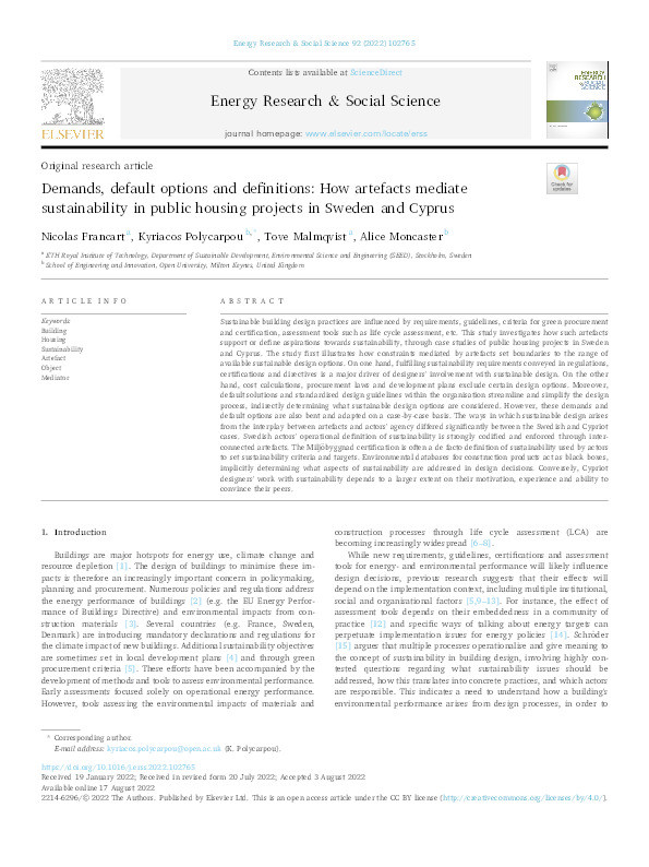 Demands, default options and definitions: How artefacts mediate sustainability in public housing projects in Sweden and Cyprus Thumbnail