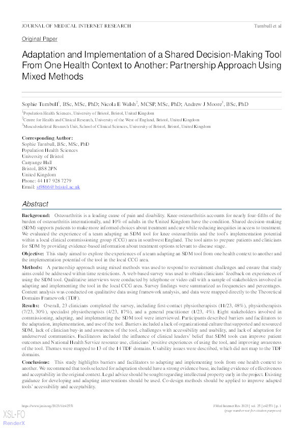 Adaptation and implementation of a shared decision-making tool from one health context to another: Partnership approach using mixed methods Thumbnail