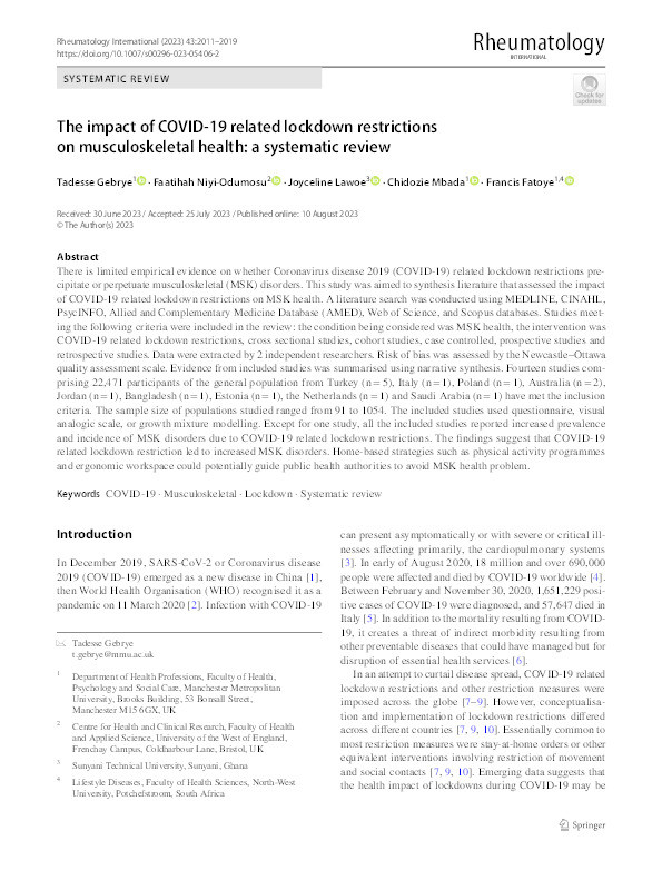 The impact of COVID-19 related lockdown restrictions on musculoskeletal health: A systematic review Thumbnail