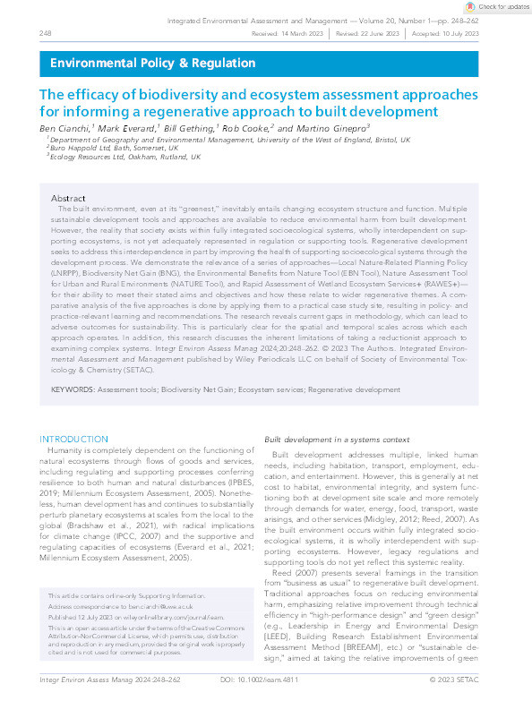 The efficacy of biodiversity and ecosystem assessment approaches for informing a regenerative approach to built development Thumbnail